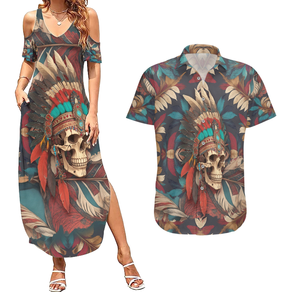 Native American Skull Couples Matching Summer Maxi Dress and Hawaiian Shirt Native Merican Spirit Of Freedom - Wonder Print Shop