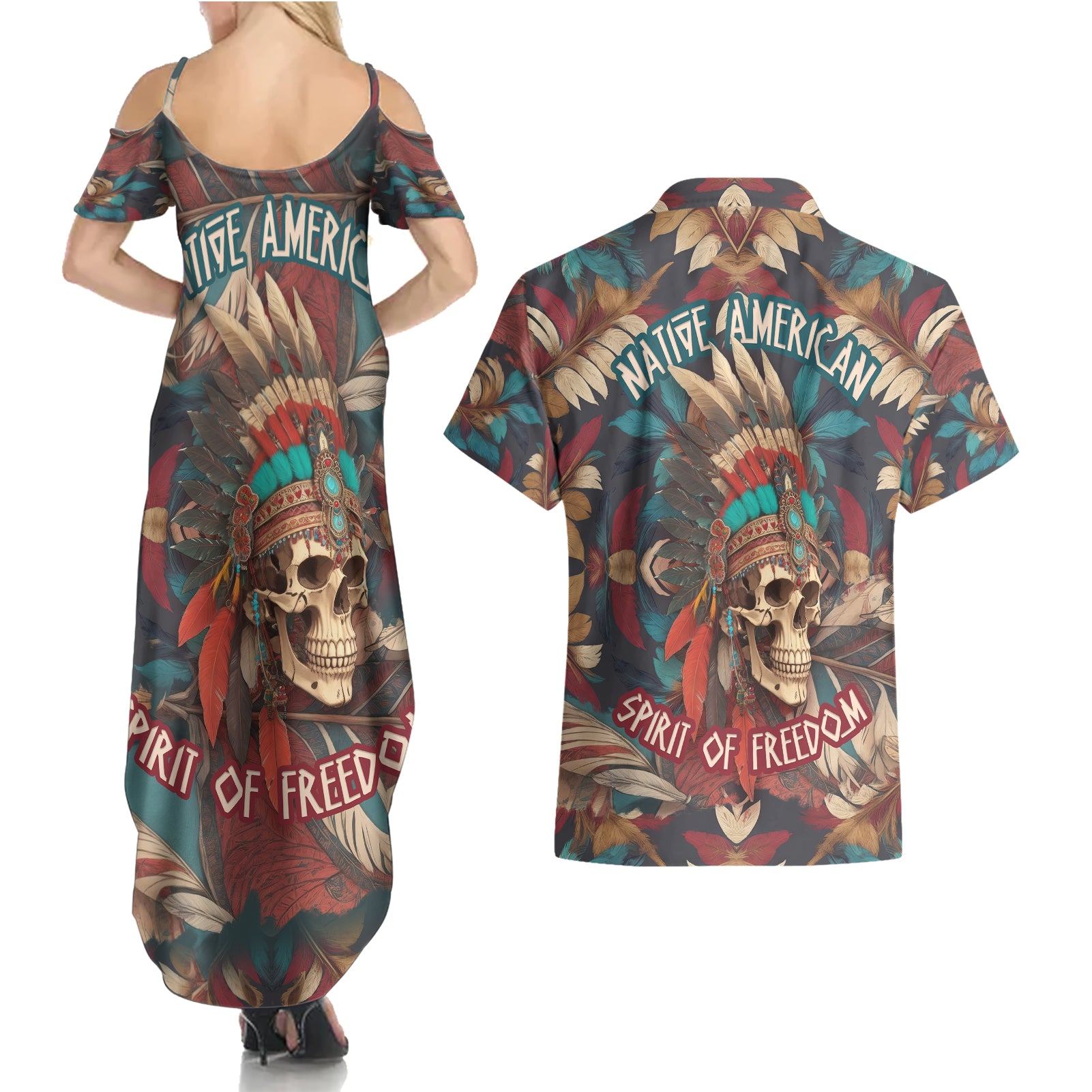 native-american-skull-couples-matching-summer-maxi-dress-and-hawaiian-shirt-native-merican-spirit-of-freedom