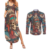 Native American Skull Couples Matching Summer Maxi Dress and Long Sleeve Button Shirts Native Merican Spirit Of Freedom - Wonder Print Shop