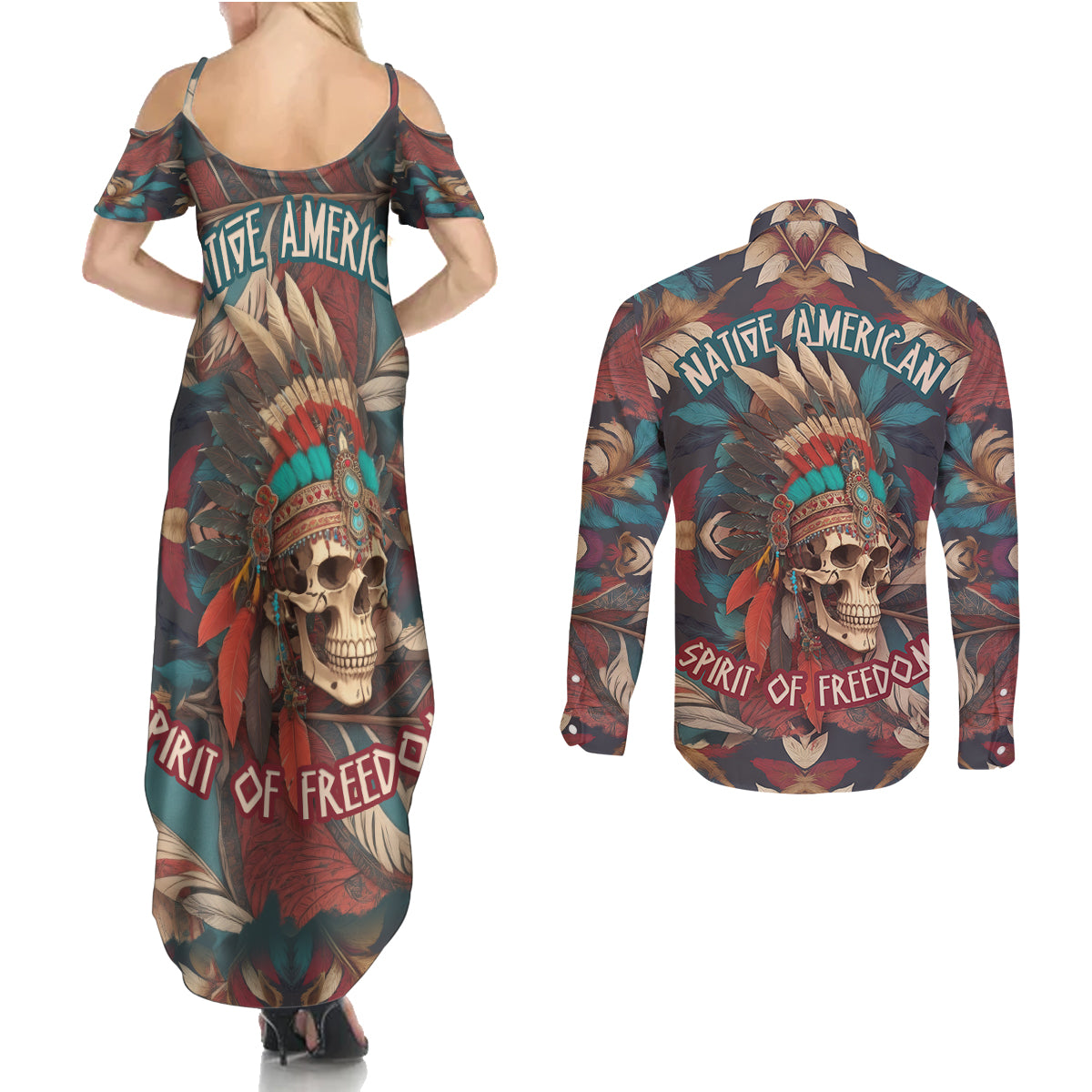 native-american-skull-couples-matching-summer-maxi-dress-and-long-sleeve-button-shirts-native-merican-spirit-of-freedom