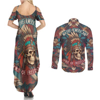 Native American Skull Couples Matching Summer Maxi Dress and Long Sleeve Button Shirts Native Merican Spirit Of Freedom - Wonder Print Shop