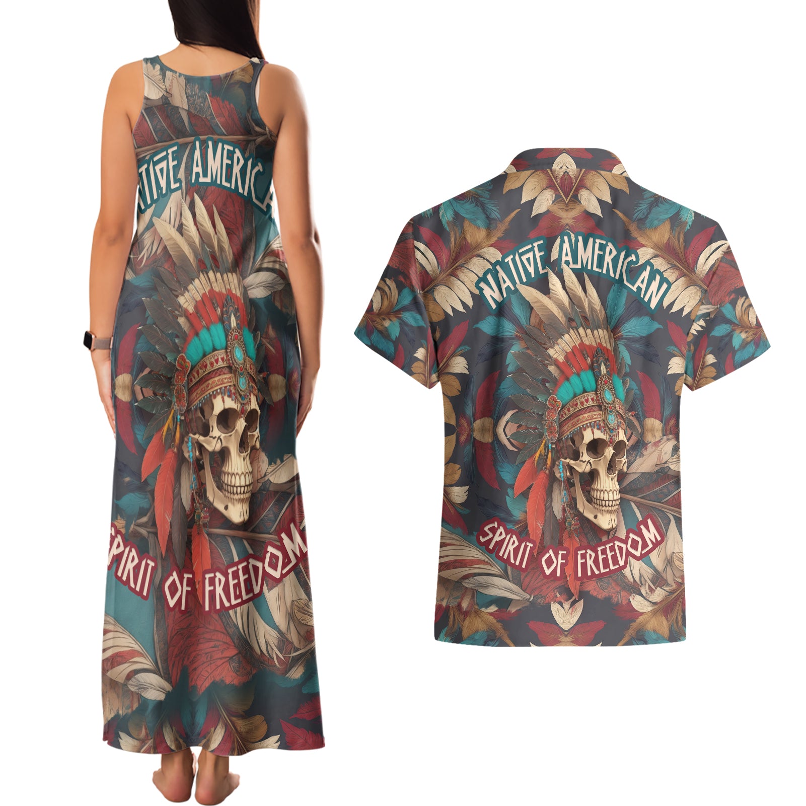 native-american-skull-couples-matching-tank-maxi-dress-and-hawaiian-shirt-native-merican-spirit-of-freedom