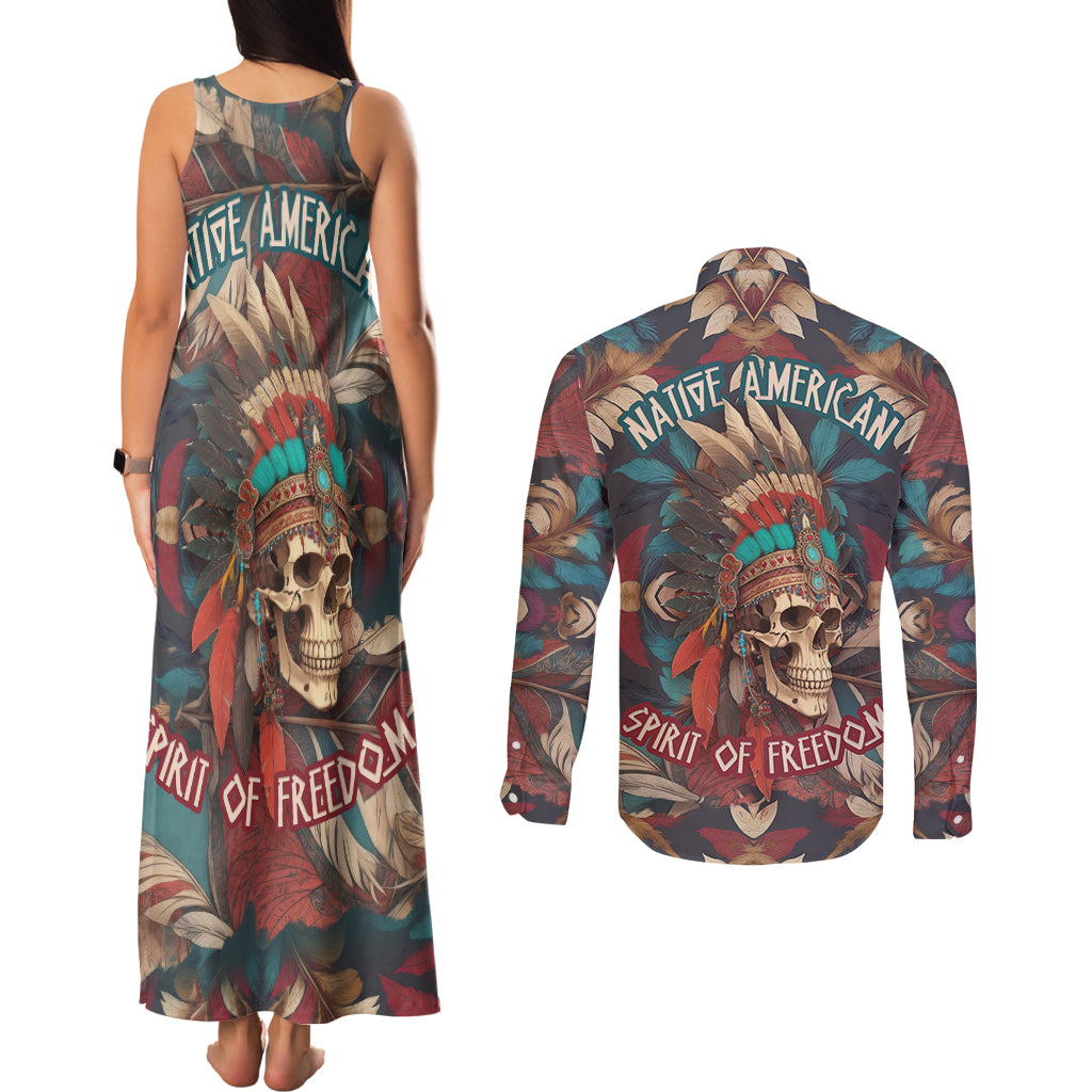 native-american-skull-couples-matching-tank-maxi-dress-and-long-sleeve-button-shirts-native-merican-spirit-of-freedom