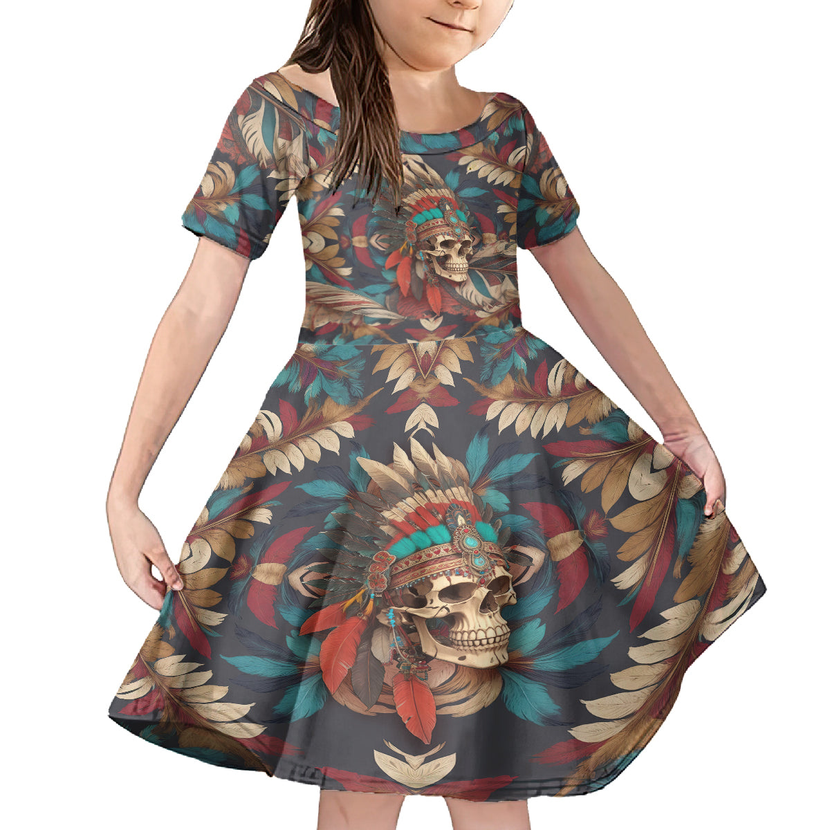 Native American Skull Family Matching Long Sleeve Bodycon Dress and Hawaiian Shirt Native Merican Spirit Of Freedom - Wonder Print Shop