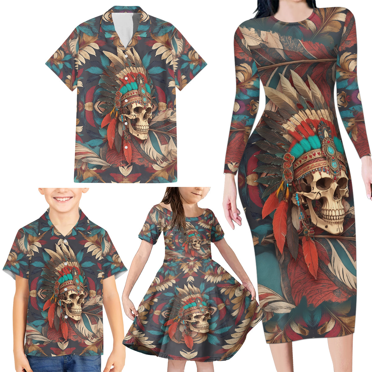 Native American Skull Family Matching Long Sleeve Bodycon Dress and Hawaiian Shirt Native Merican Spirit Of Freedom - Wonder Print Shop