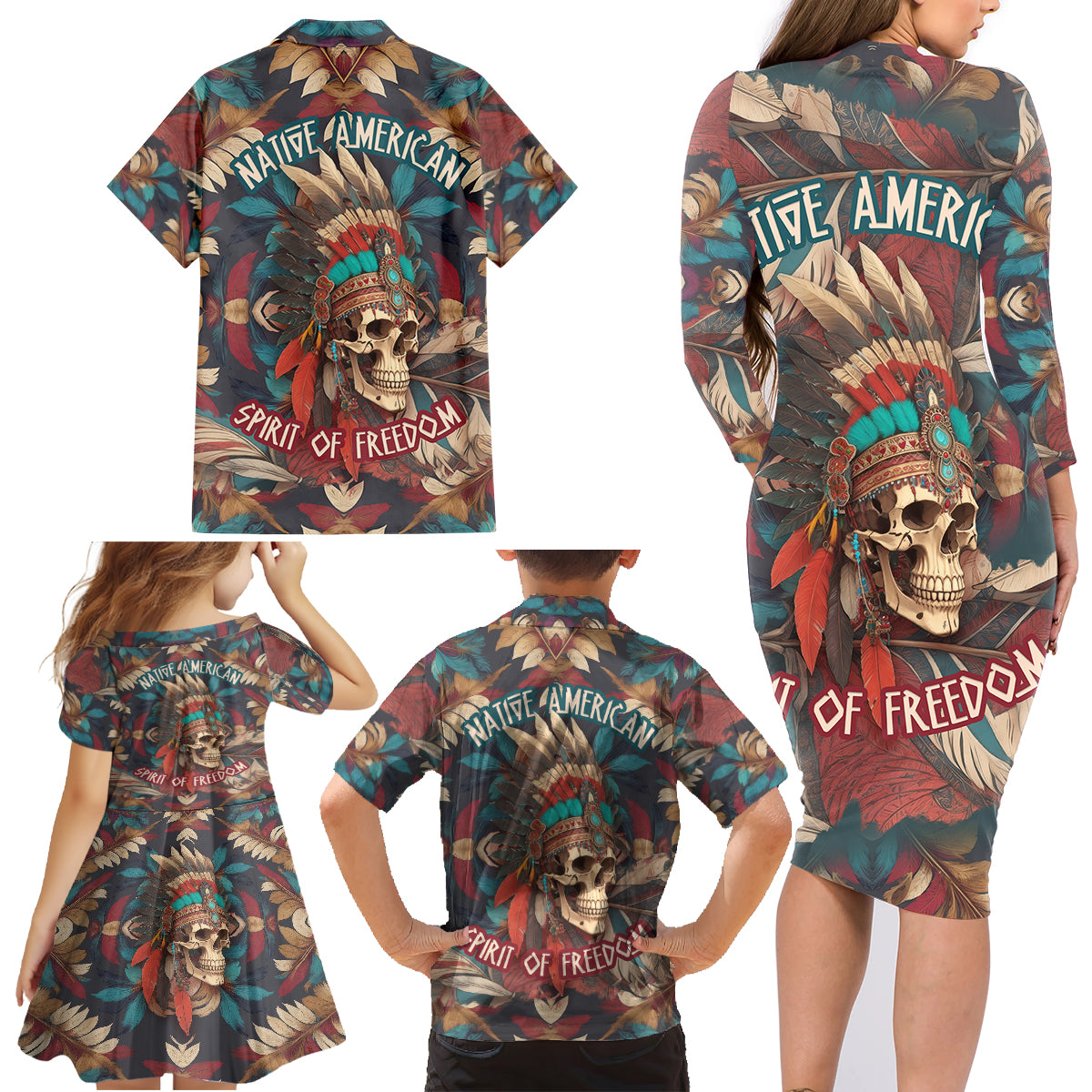 native-american-skull-family-matching-long-sleeve-bodycon-dress-and-hawaiian-shirt-native-merican-spirit-of-freedom