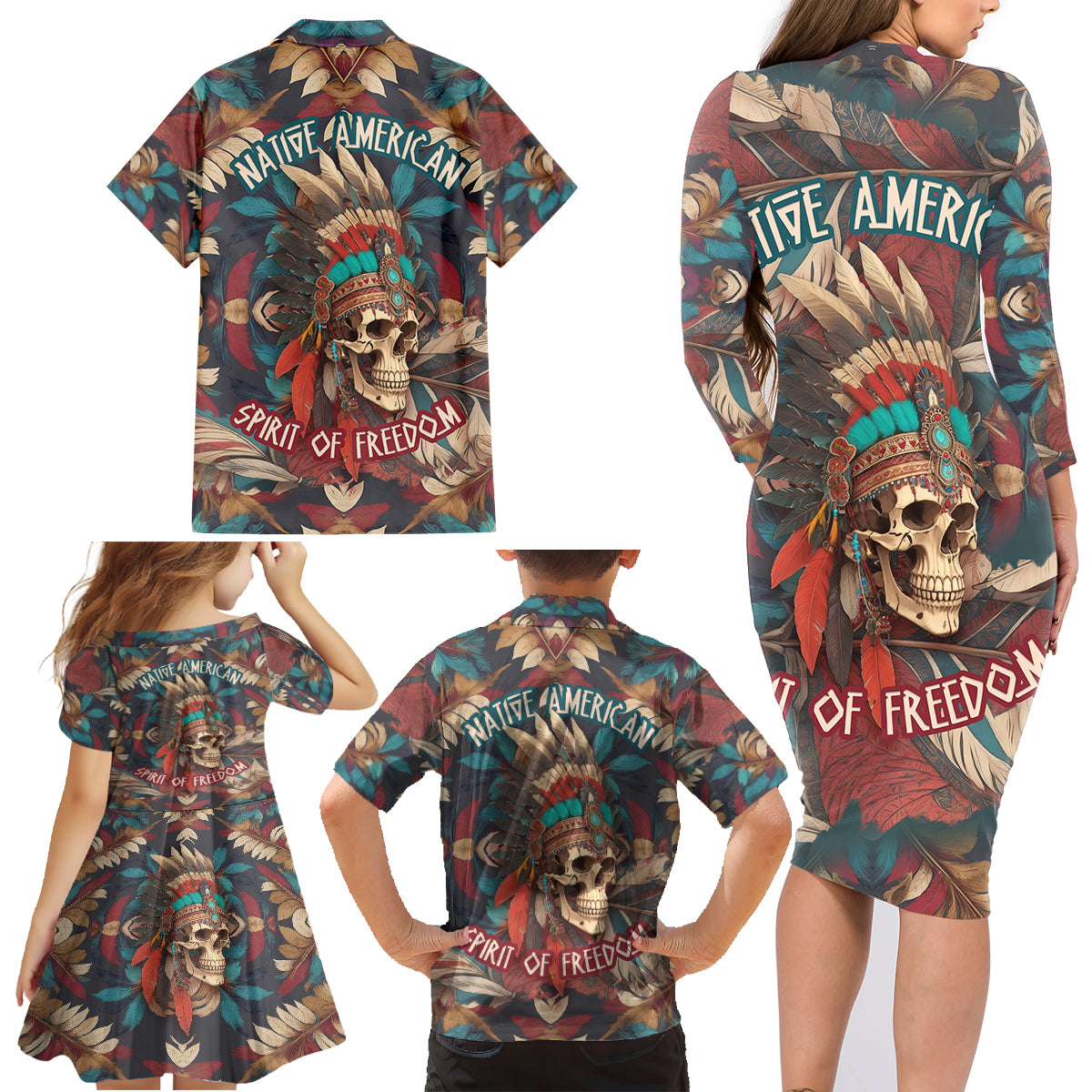 Native American Skull Family Matching Long Sleeve Bodycon Dress and Hawaiian Shirt Native Merican Spirit Of Freedom - Wonder Print Shop
