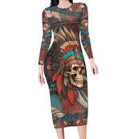 Native American Skull Family Matching Long Sleeve Bodycon Dress and Hawaiian Shirt Native Merican Spirit Of Freedom - Wonder Print Shop