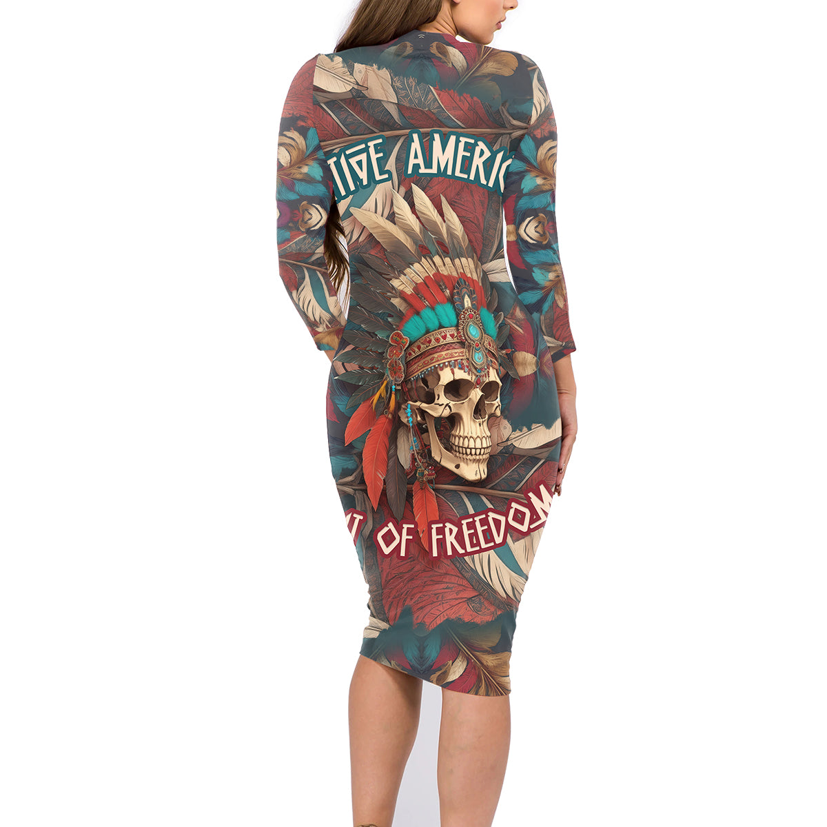 Native American Skull Family Matching Long Sleeve Bodycon Dress and Hawaiian Shirt Native Merican Spirit Of Freedom - Wonder Print Shop