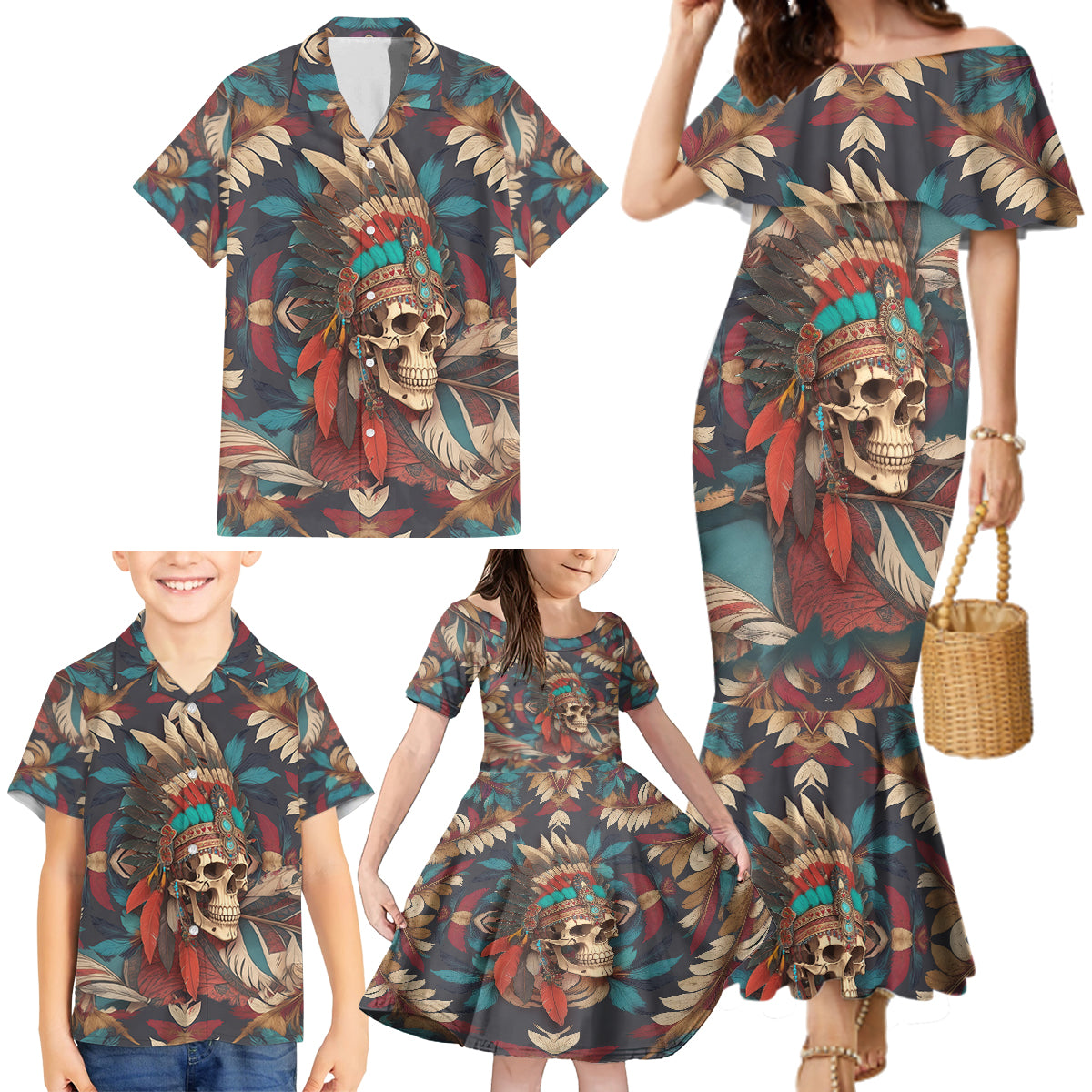 Native American Skull Family Matching Mermaid Dress and Hawaiian Shirt Native Merican Spirit Of Freedom - Wonder Print Shop