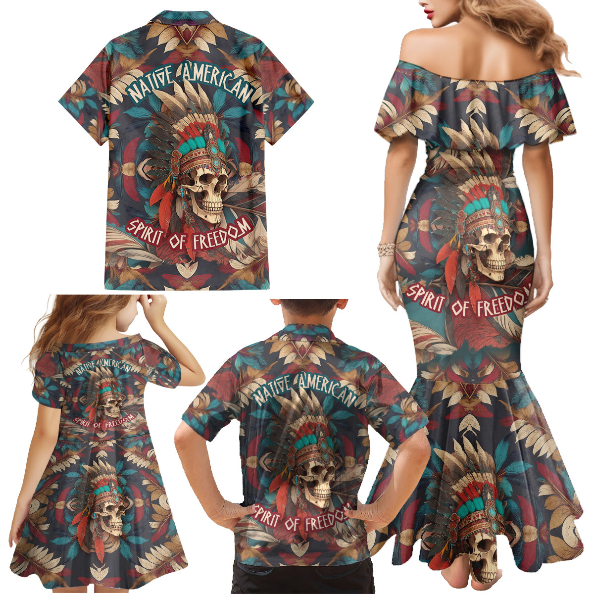 Native American Skull Family Matching Mermaid Dress and Hawaiian Shirt Native Merican Spirit Of Freedom - Wonder Print Shop
