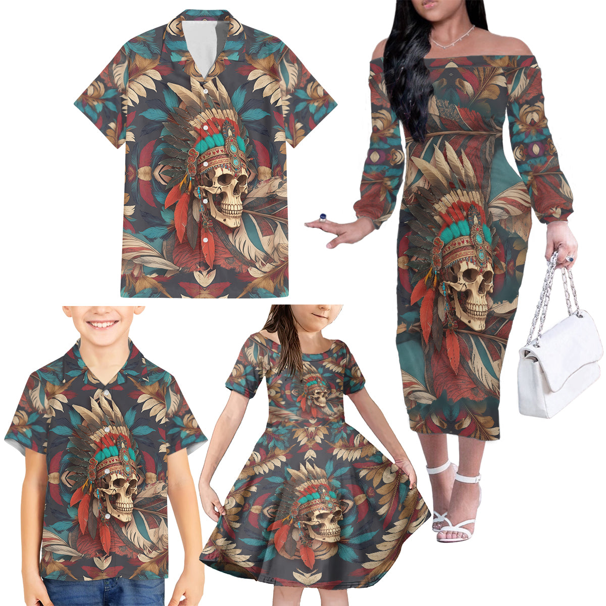 Native American Skull Family Matching Off Shoulder Long Sleeve Dress and Hawaiian Shirt Native Merican Spirit Of Freedom - Wonder Print Shop
