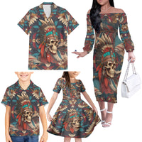 Native American Skull Family Matching Off Shoulder Long Sleeve Dress and Hawaiian Shirt Native Merican Spirit Of Freedom - Wonder Print Shop