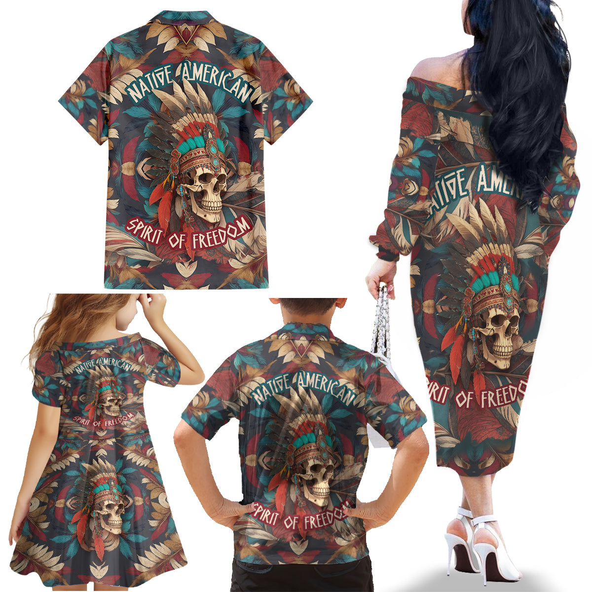 Native American Skull Family Matching Off Shoulder Long Sleeve Dress and Hawaiian Shirt Native Merican Spirit Of Freedom - Wonder Print Shop