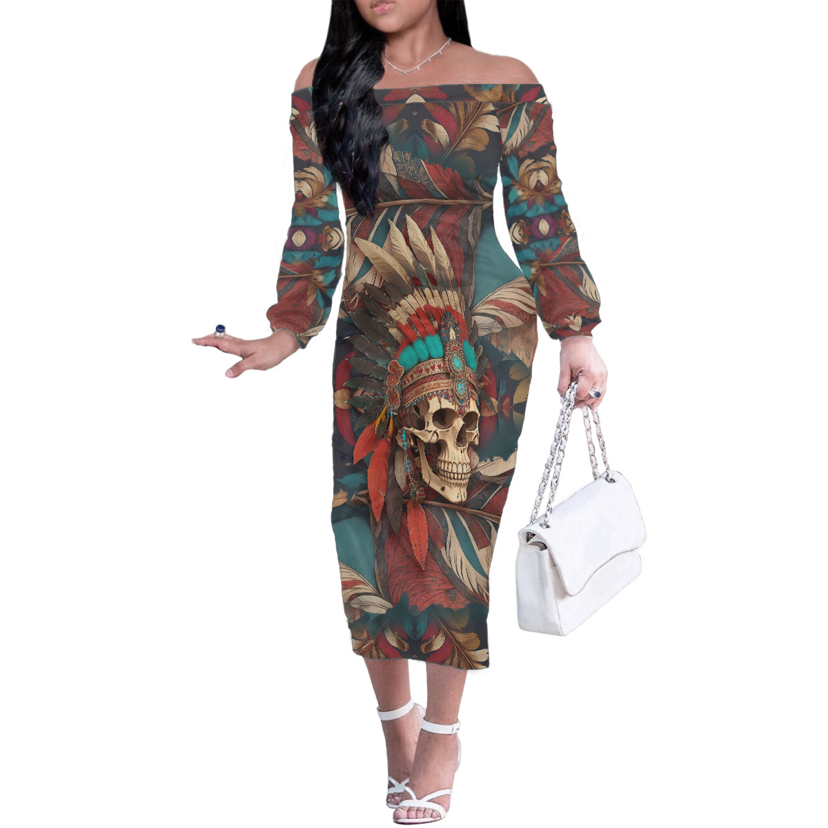 Native American Skull Family Matching Off Shoulder Long Sleeve Dress and Hawaiian Shirt Native Merican Spirit Of Freedom - Wonder Print Shop