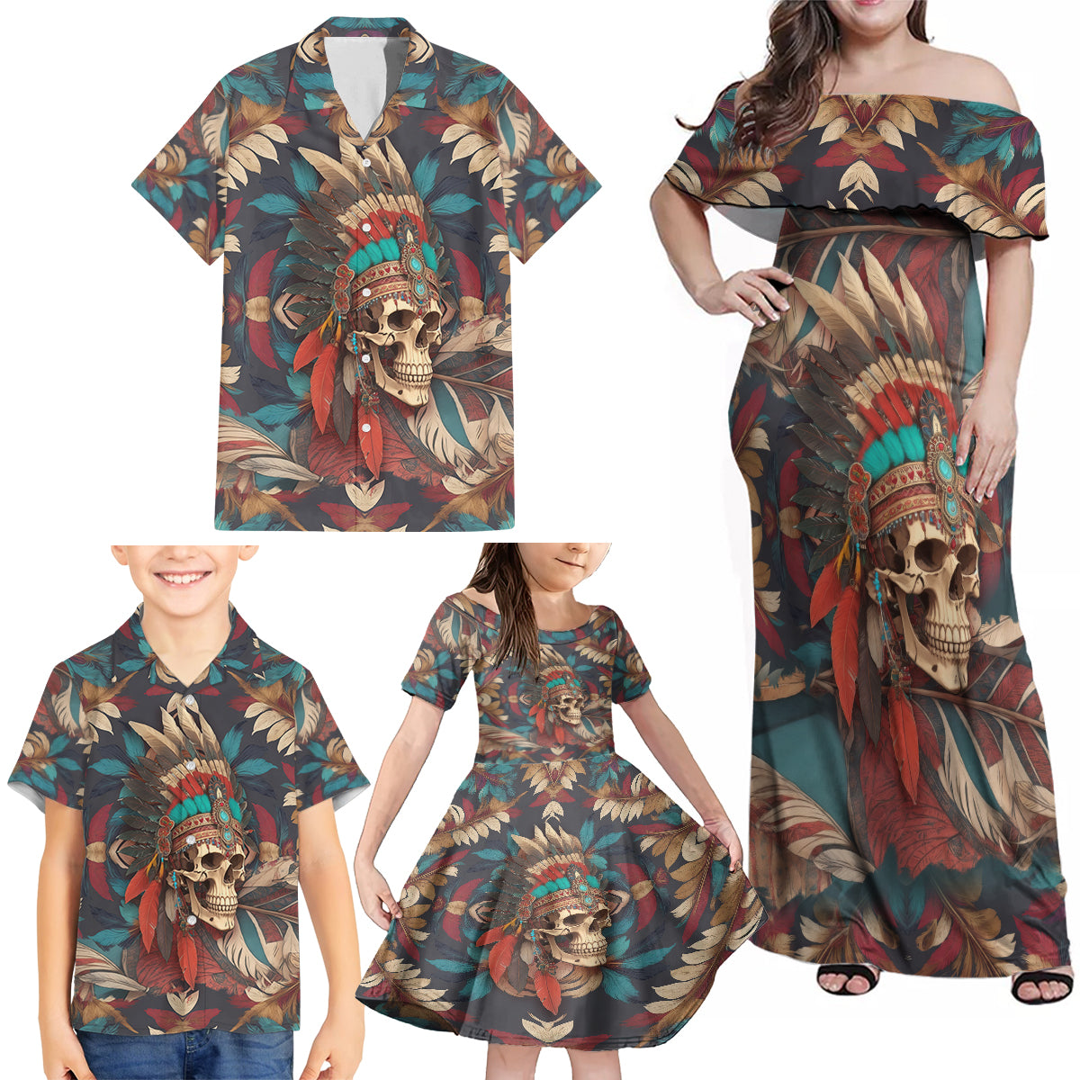 Native American Skull Family Matching Off Shoulder Maxi Dress and Hawaiian Shirt Native Merican Spirit Of Freedom - Wonder Print Shop