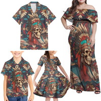 Native American Skull Family Matching Off Shoulder Maxi Dress and Hawaiian Shirt Native Merican Spirit Of Freedom - Wonder Print Shop