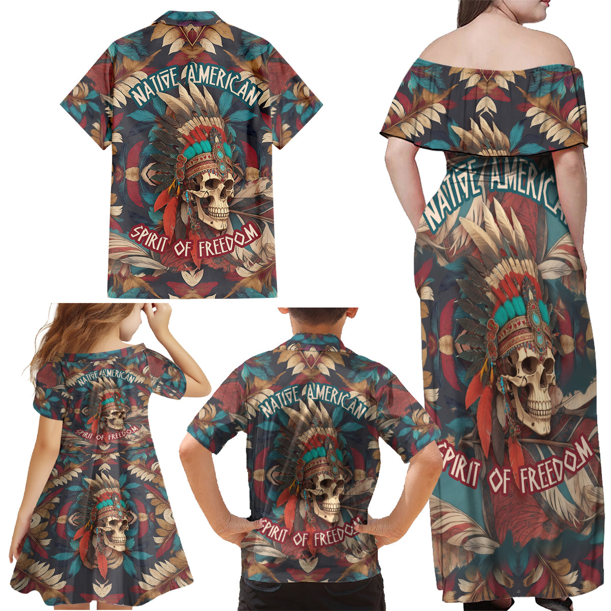 Native American Skull Family Matching Off Shoulder Maxi Dress and Hawaiian Shirt Native Merican Spirit Of Freedom - Wonder Print Shop