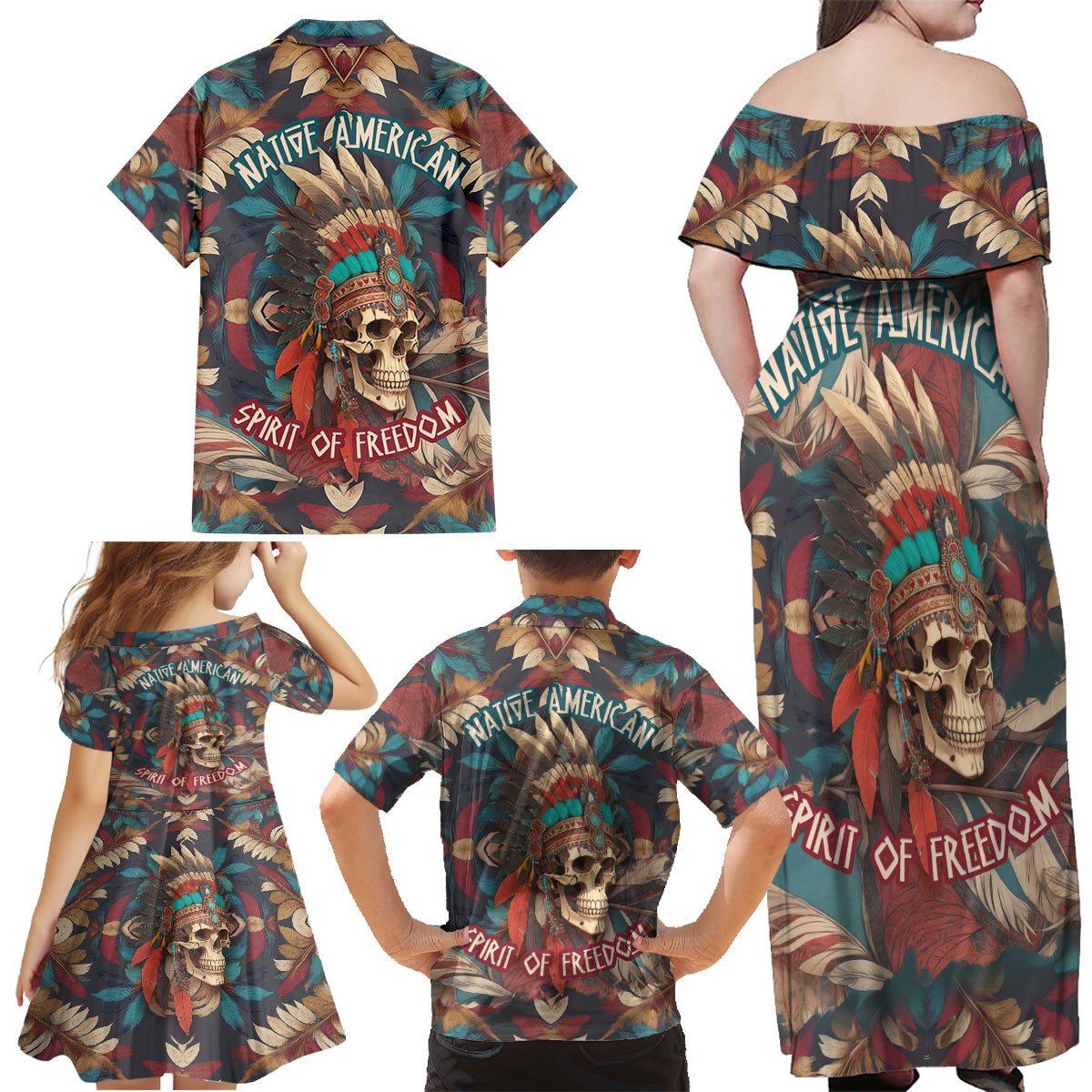native-american-skull-family-matching-off-shoulder-maxi-dress-and-hawaiian-shirt-native-merican-spirit-of-freedom