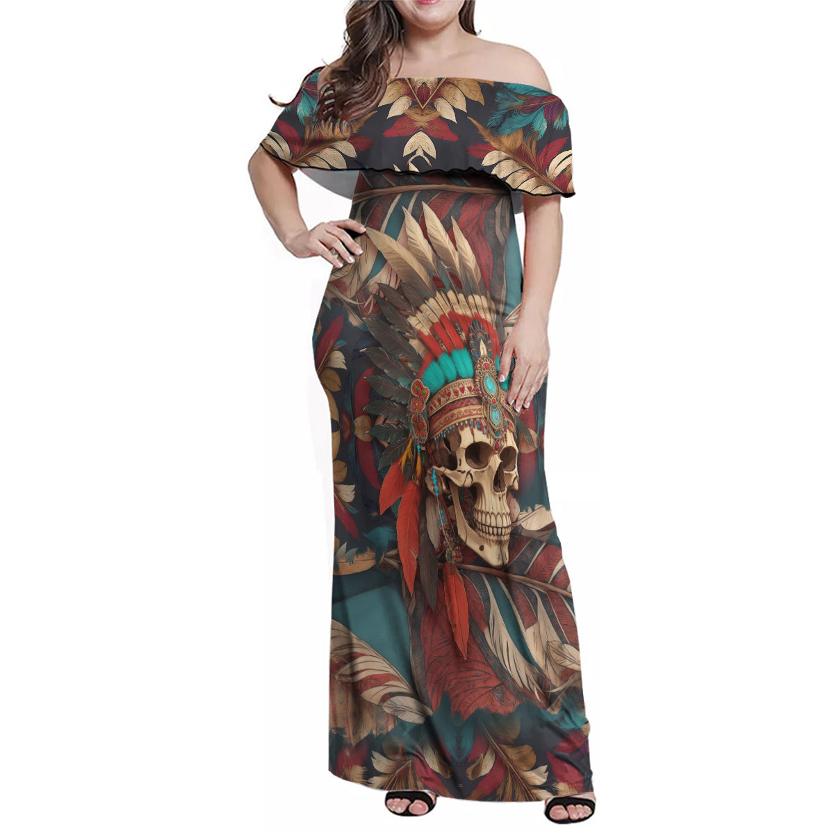 Native American Skull Family Matching Off Shoulder Maxi Dress and Hawaiian Shirt Native Merican Spirit Of Freedom - Wonder Print Shop