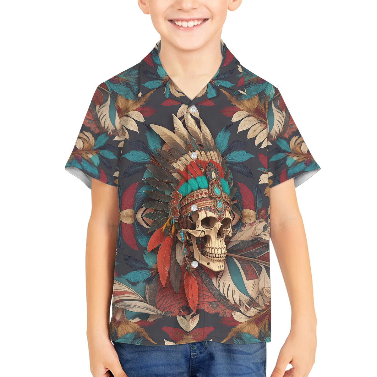 Native American Skull Family Matching Off Shoulder Maxi Dress and Hawaiian Shirt Native Merican Spirit Of Freedom - Wonder Print Shop