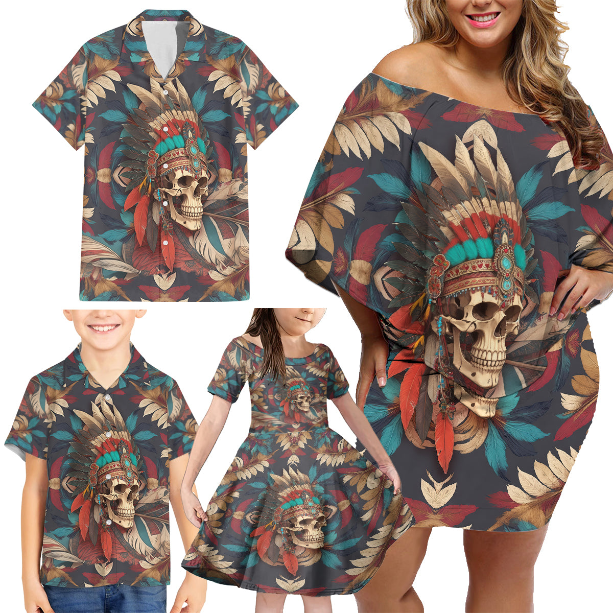 Native American Skull Family Matching Off Shoulder Short Dress and Hawaiian Shirt Native Merican Spirit Of Freedom - Wonder Print Shop