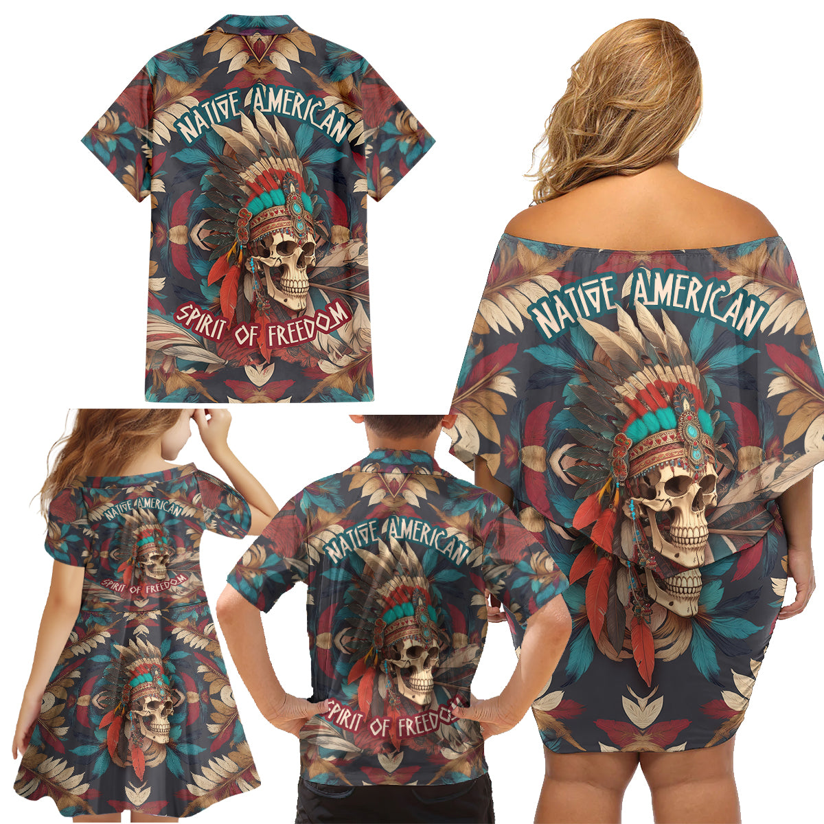 native-american-skull-family-matching-off-shoulder-short-dress-and-hawaiian-shirt-native-merican-spirit-of-freedom