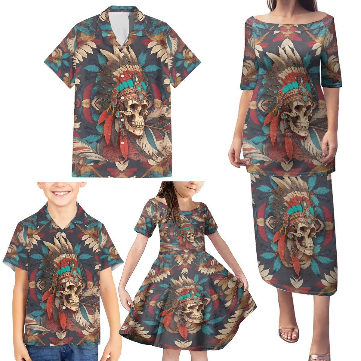 Native American Skull Family Matching Puletasi Dress and Hawaiian Shirt Native Merican Spirit Of Freedom - Wonder Print Shop