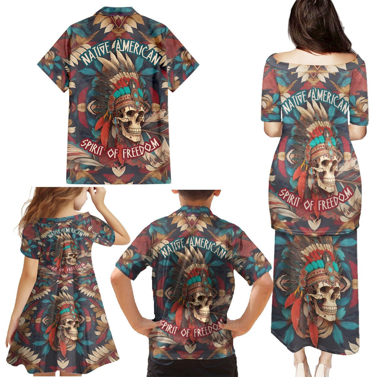 Native American Skull Family Matching Puletasi Dress and Hawaiian Shirt Native Merican Spirit Of Freedom - Wonder Print Shop