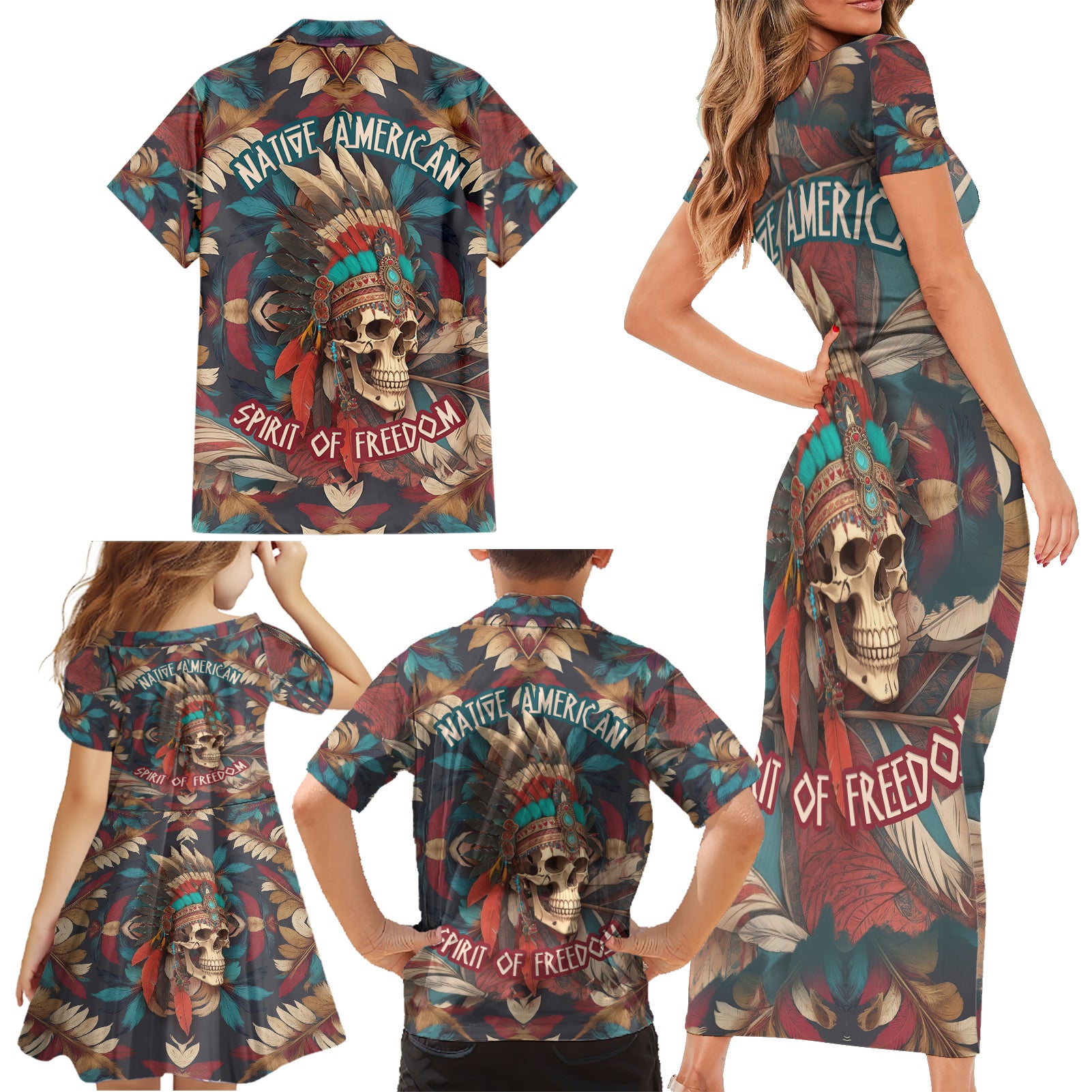 native-american-skull-family-matching-short-sleeve-bodycon-dress-and-hawaiian-shirt-native-merican-spirit-of-freedom