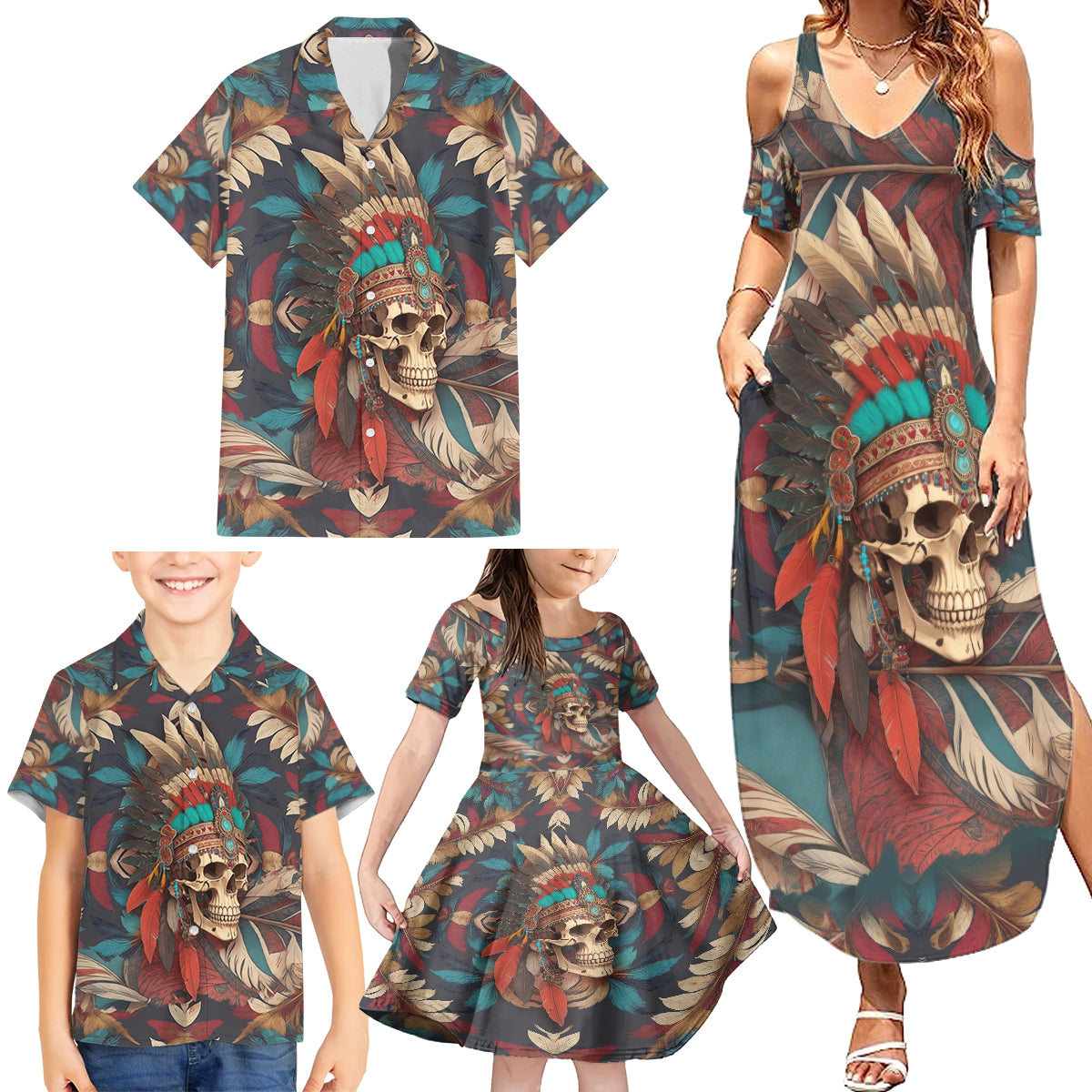 Native American Skull Family Matching Summer Maxi Dress and Hawaiian Shirt Native Merican Spirit Of Freedom - Wonder Print Shop