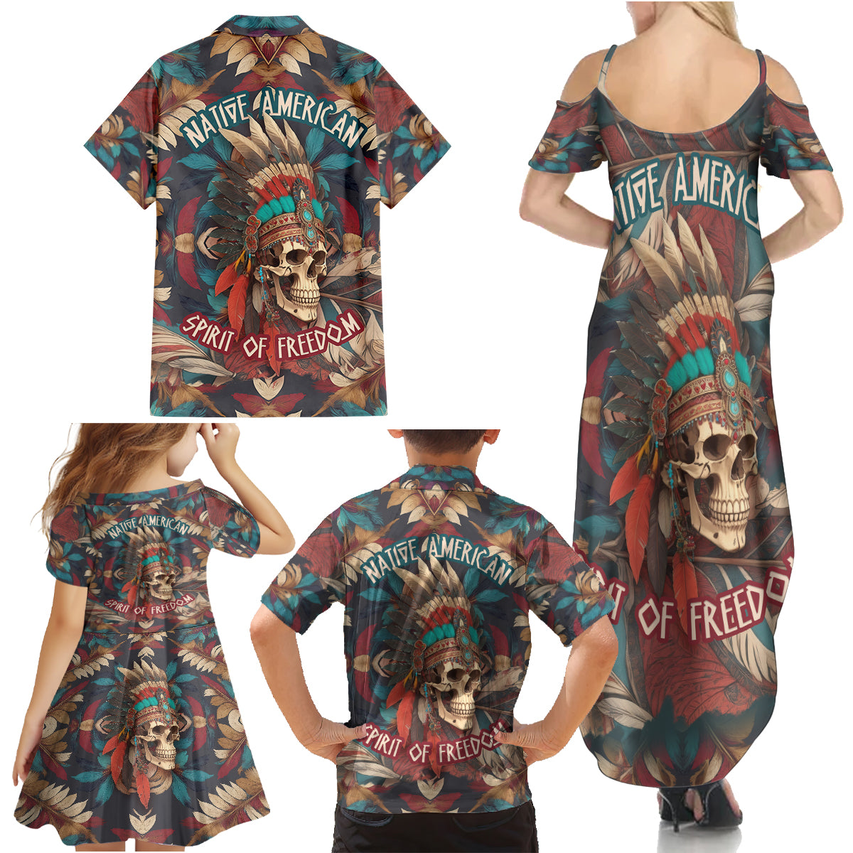 native-american-skull-family-matching-summer-maxi-dress-and-hawaiian-shirt-native-merican-spirit-of-freedom