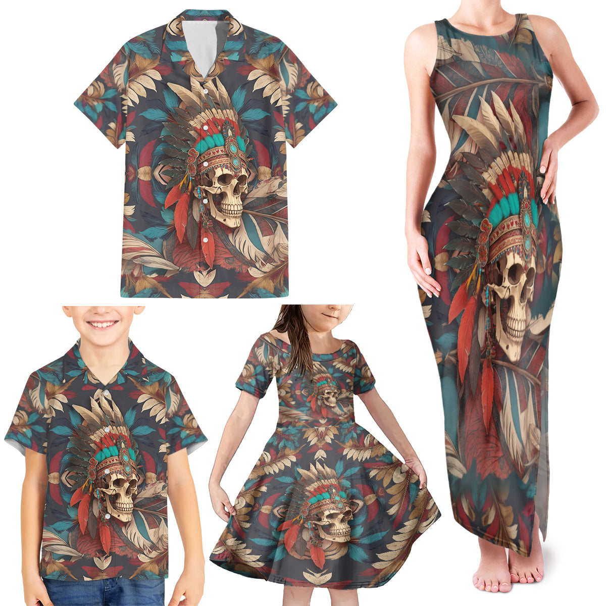 Native American Skull Family Matching Tank Maxi Dress and Hawaiian Shirt Native Merican Spirit Of Freedom - Wonder Print Shop