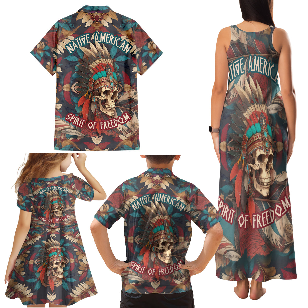 Native American Skull Family Matching Tank Maxi Dress and Hawaiian Shirt Native Merican Spirit Of Freedom - Wonder Print Shop