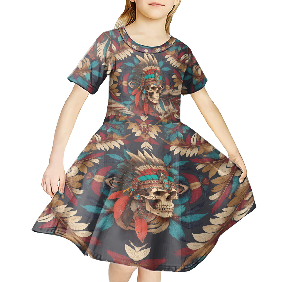 Native American Skull Kid Short Sleeve Dress Native Merican Spirit Of Freedom - Wonder Print Shop