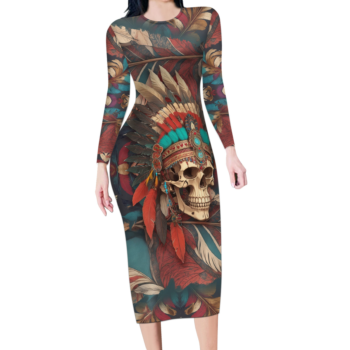 Native American Skull Long Sleeve Bodycon Dress Native Merican Spirit Of Freedom - Wonder Print Shop