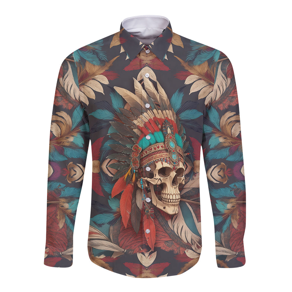 Native American Skull Long Sleeve Button Shirt Native Merican Spirit Of Freedom - Wonder Print Shop