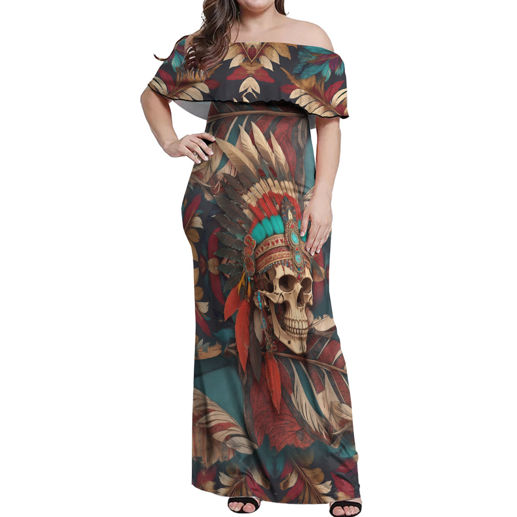 Native American Skull Off Shoulder Maxi Dress Native Merican Spirit Of Freedom - Wonder Print Shop
