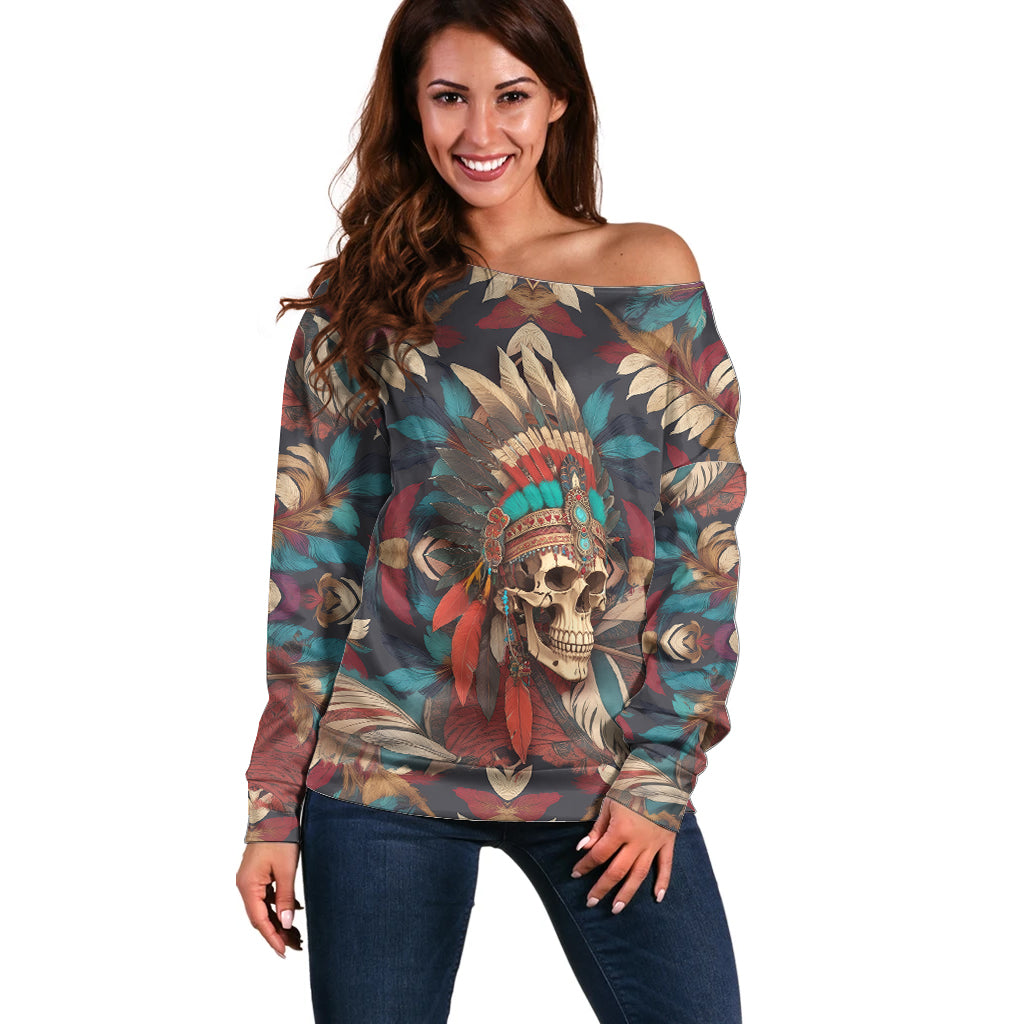 Native American Skull Off Shoulder Sweater Native Merican Spirit Of Freedom - Wonder Print Shop