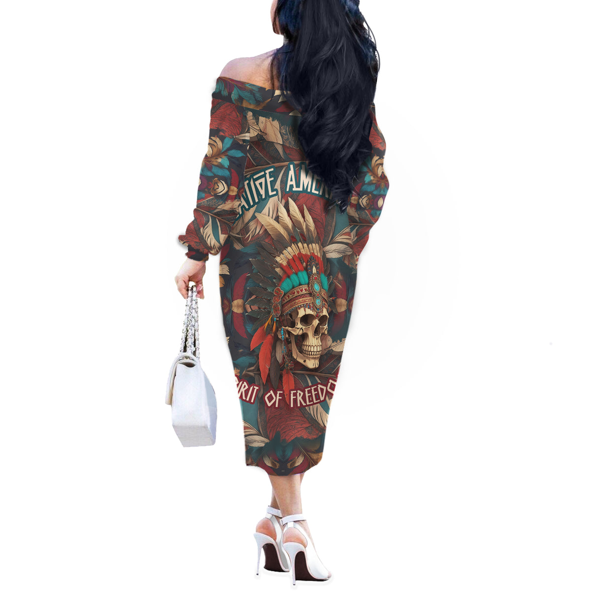 Native American Skull Off The Shoulder Long Sleeve Dress Native Merican Spirit Of Freedom - Wonder Print Shop