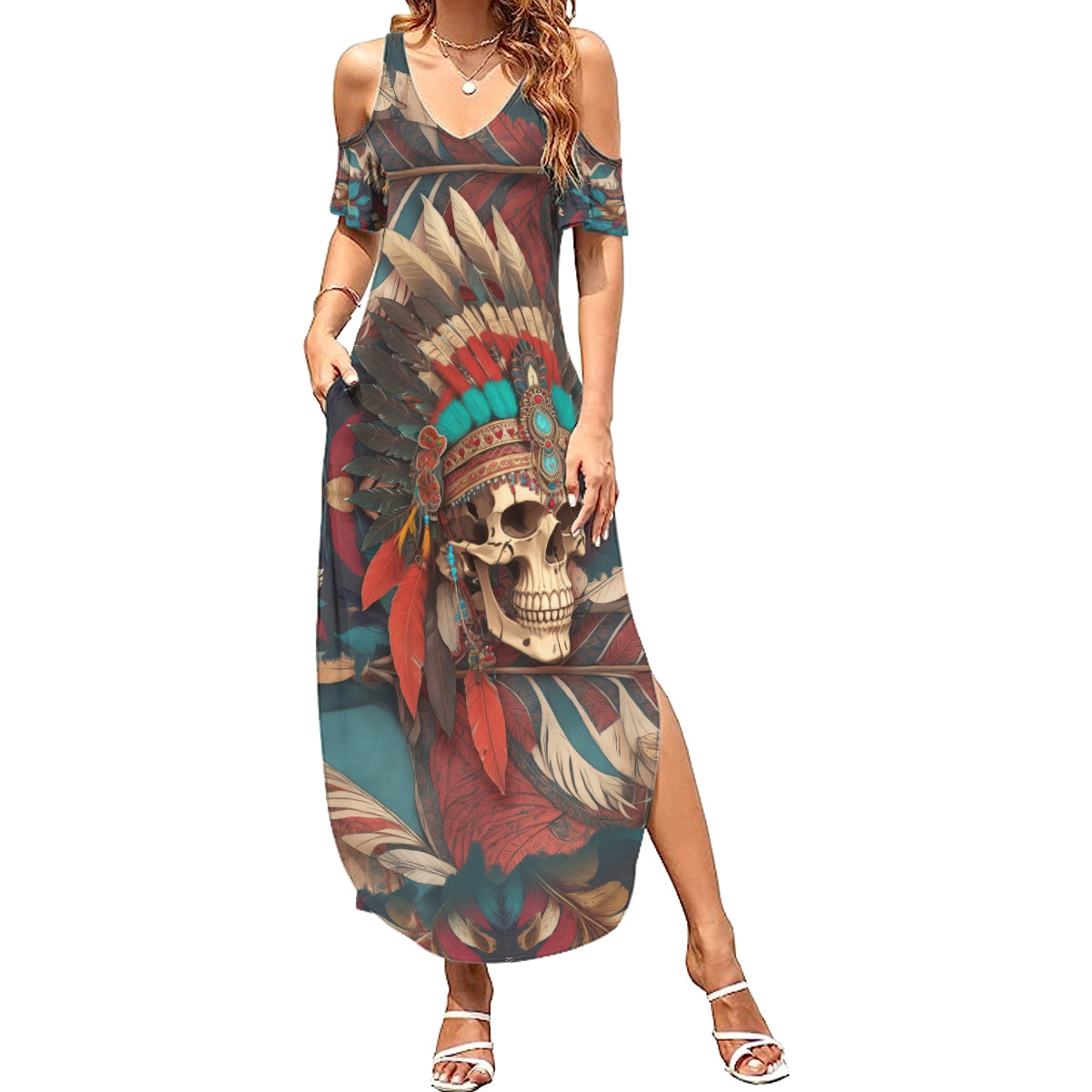 Native American Skull Summer Maxi Dress Native Merican Spirit Of Freedom - Wonder Print Shop