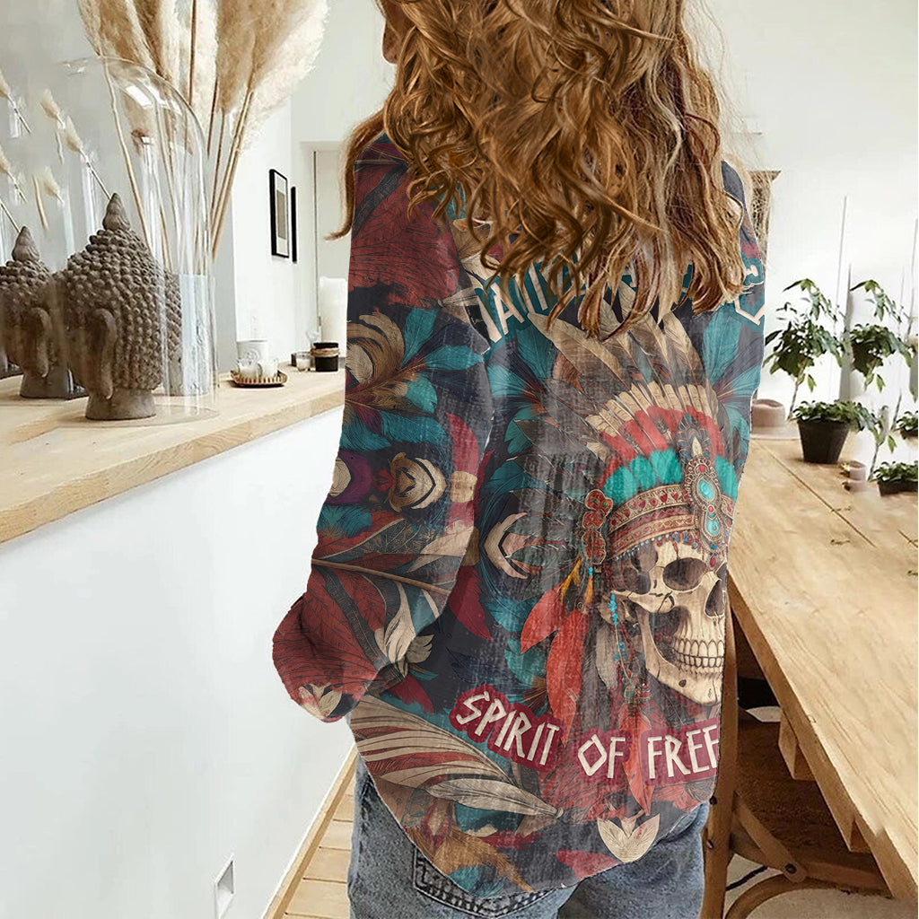 Native American Skull Women Casual Shirt Native Merican Spirit Of Freedom - Wonder Print Shop