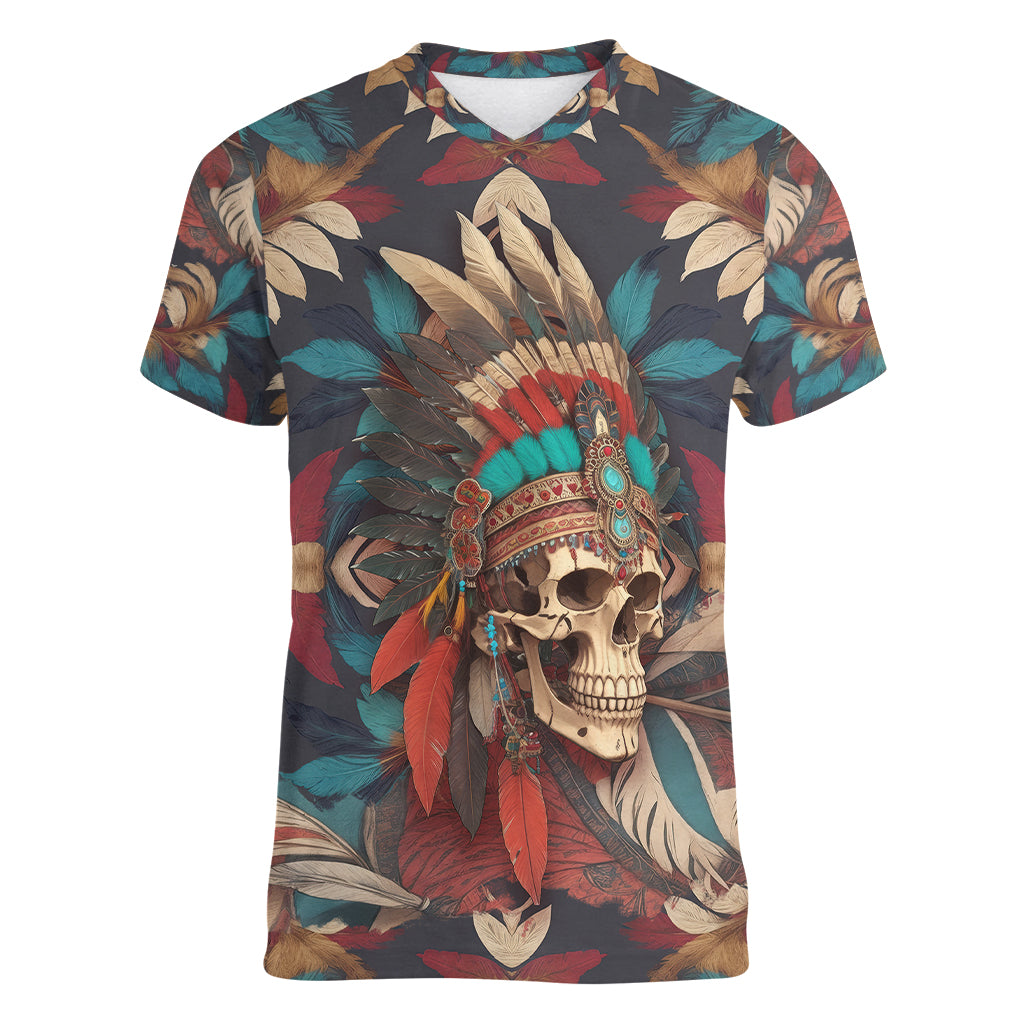 Native American Skull Women V Neck T Shirt Native Merican Spirit Of Freedom - Wonder Print Shop