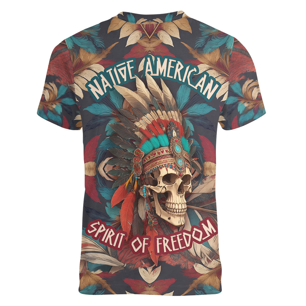 Native American Skull Women V Neck T Shirt Native Merican Spirit Of Freedom - Wonder Print Shop