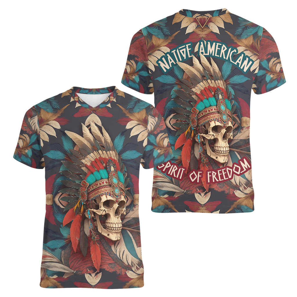 Native American Skull Women V Neck T Shirt Native Merican Spirit Of Freedom - Wonder Print Shop