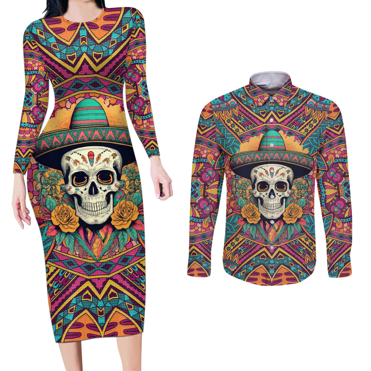 Mexico Skull Couples Matching Long Sleeve Bodycon Dress and Long Sleeve Button Shirts Let's Move To Mexico - Wonder Print Shop