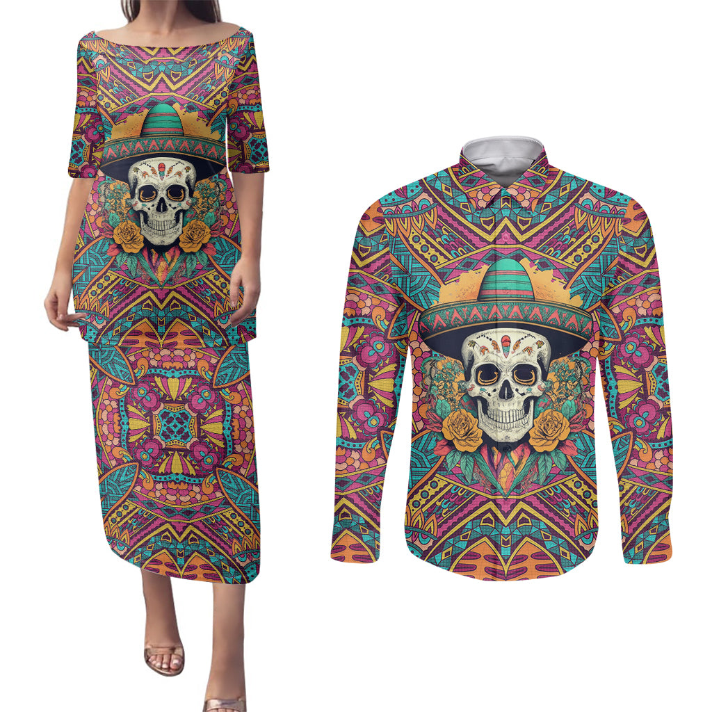 Mexico Skull Couples Matching Puletasi Dress and Long Sleeve Button Shirts Let's Move To Mexico - Wonder Print Shop