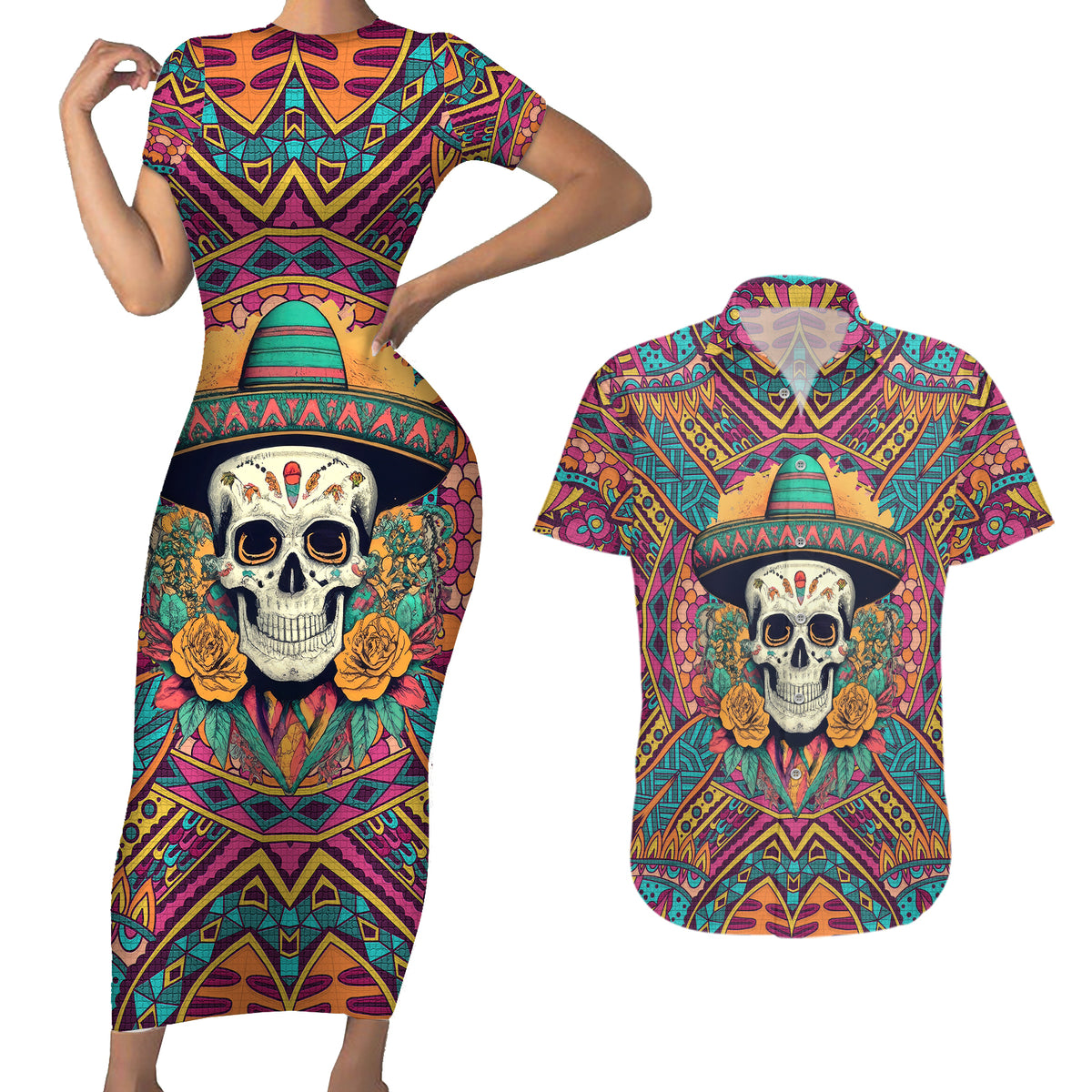 Mexico Skull Couples Matching Short Sleeve Bodycon Dress and Hawaiian Shirt Let's Move To Mexico - Wonder Print Shop