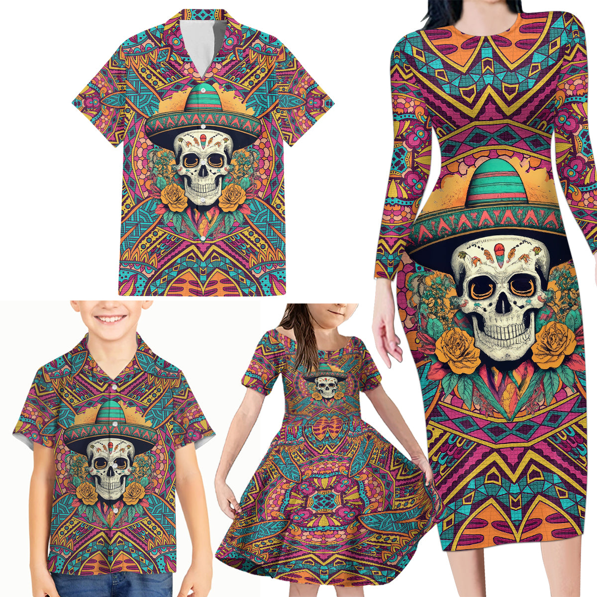 Mexico Skull Family Matching Long Sleeve Bodycon Dress and Hawaiian Shirt Let's Move To Mexico - Wonder Print Shop
