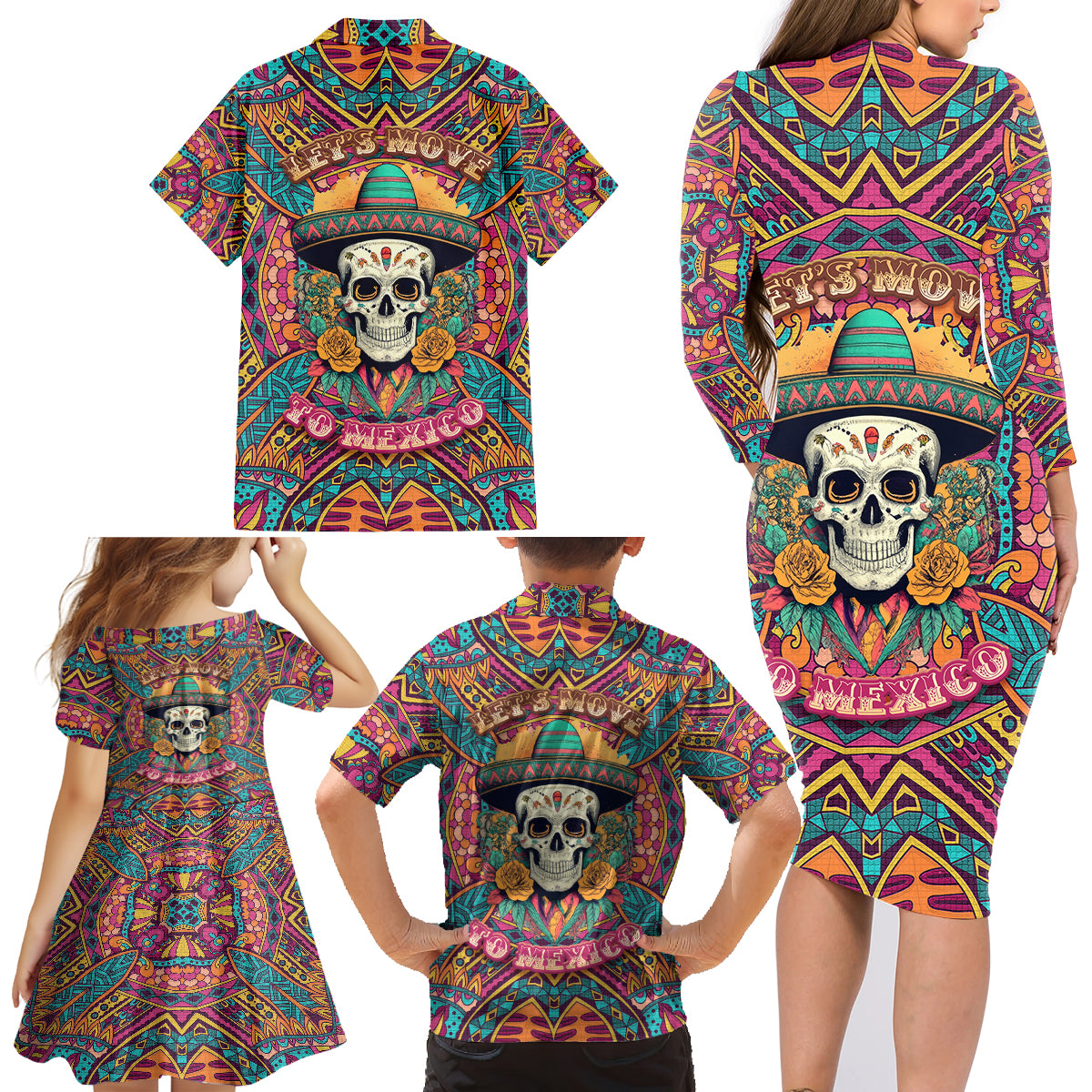 Mexico Skull Family Matching Long Sleeve Bodycon Dress and Hawaiian Shirt Let's Move To Mexico - Wonder Print Shop